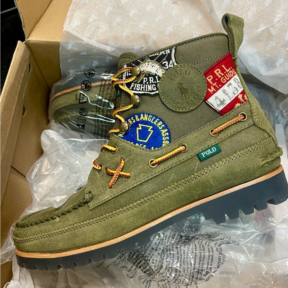 Ralph Lauren Green Polo Ranger Boots with Embroidered Patches